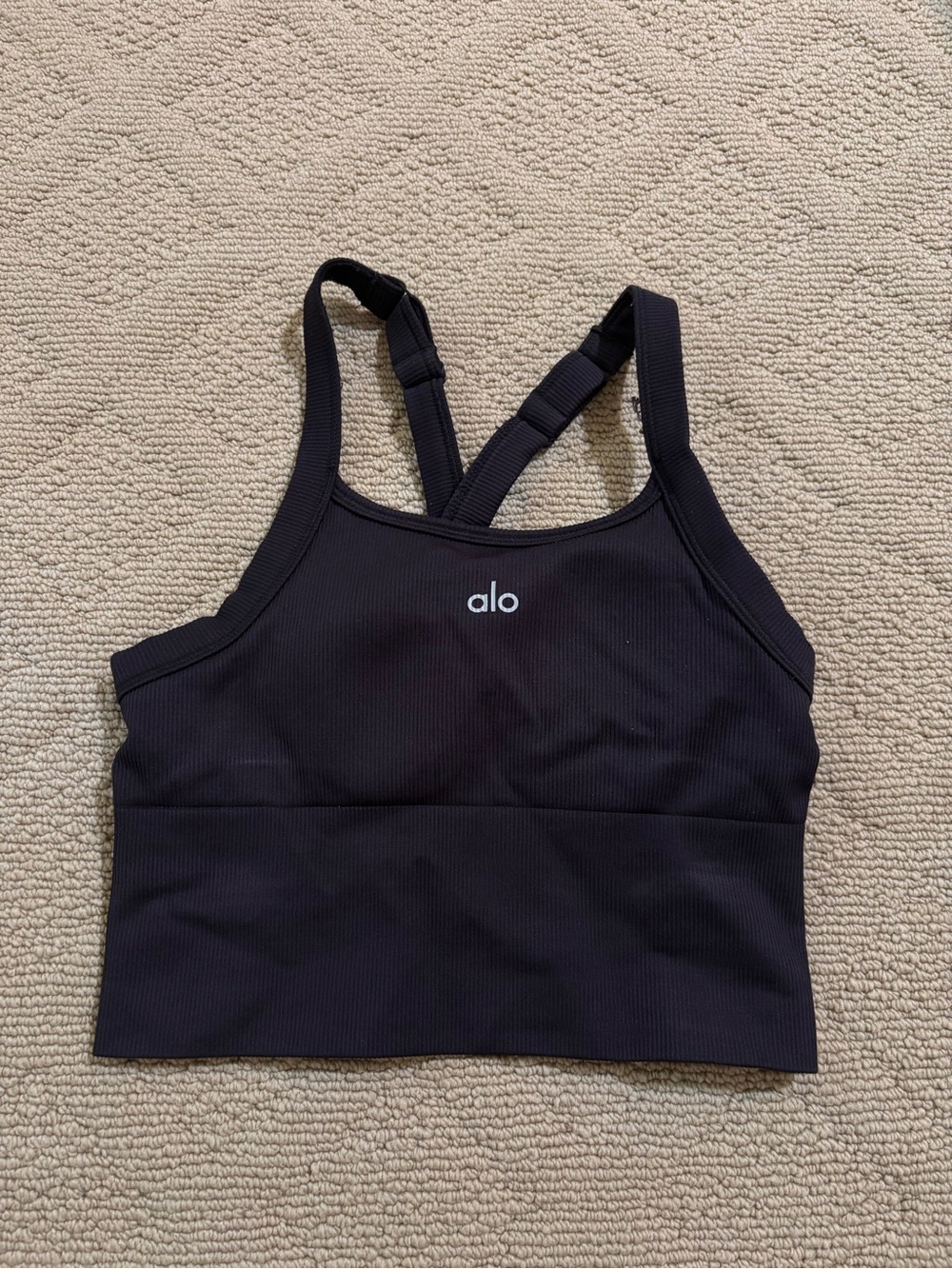 ALO Yoga Black Ribbed Crossover-Strap Sports Bralette